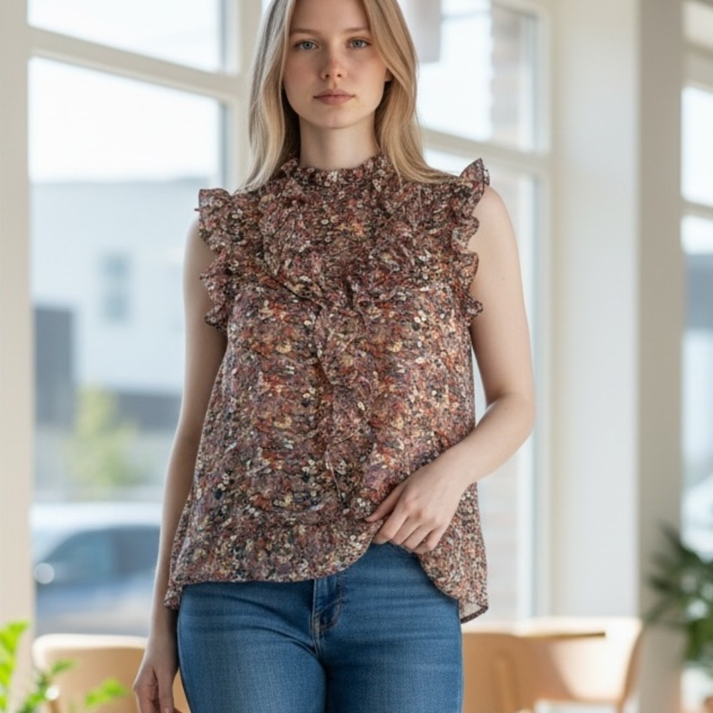 Y2K DMBM Floral Ruffle Sleeveless Blouse – Boho Ditsy Print Top Size Medium